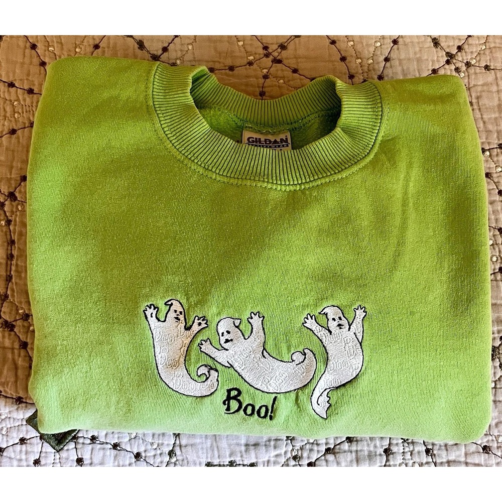 Gildan Ultra Cotton Ghost Boo Halloween Sweatshirt Lime Green Medium Embroidered